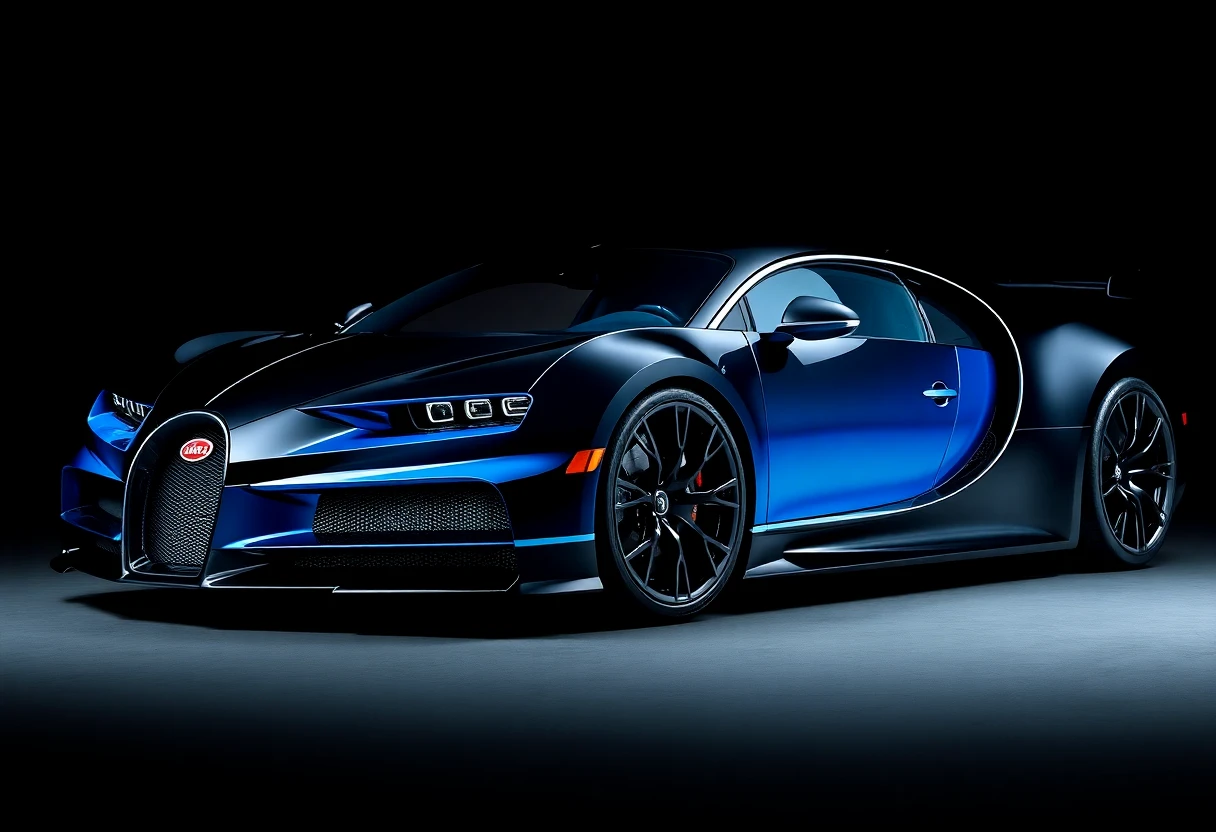 Bugatti Bolide, hypercar de course bleu et noir, vue de trois-quarts avant